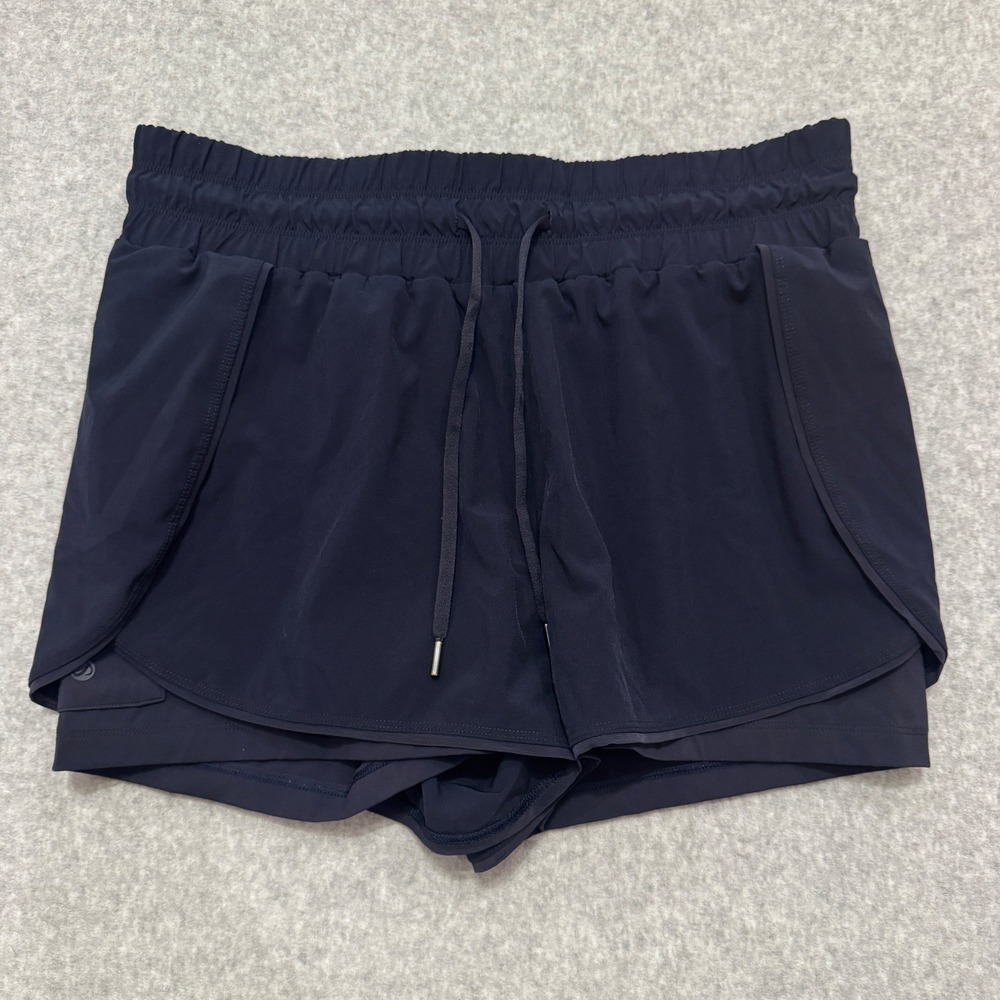 CRZ YOGA Womens 2-in-1 Running‎ Shorts High Waisted Double Layer Navy Blue Small